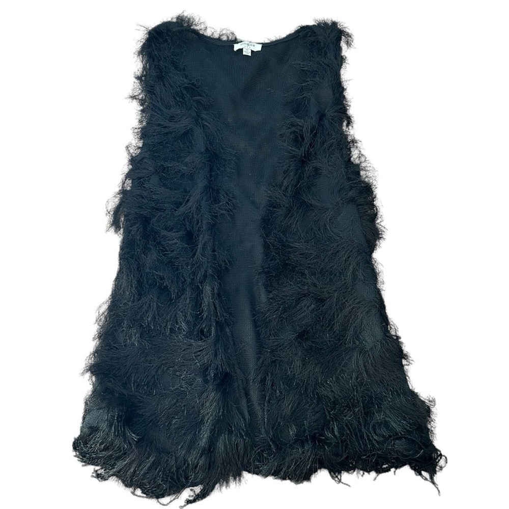 Umgee Black Fringe Faux Fur Open Long Boho Bohemian Sleeveless Vest Size Medium